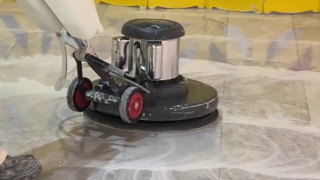 A worker operates a heavy-duty floor buffer machine to polish and clean the interior building surface.