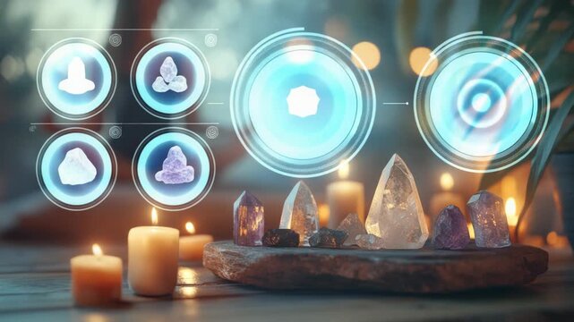 Close up crystals and burning candles on wooden surface with soft light calm ambience and mystical wellness mood for meditation healing mindfulness spiritual practice relaxation peaceful home decor