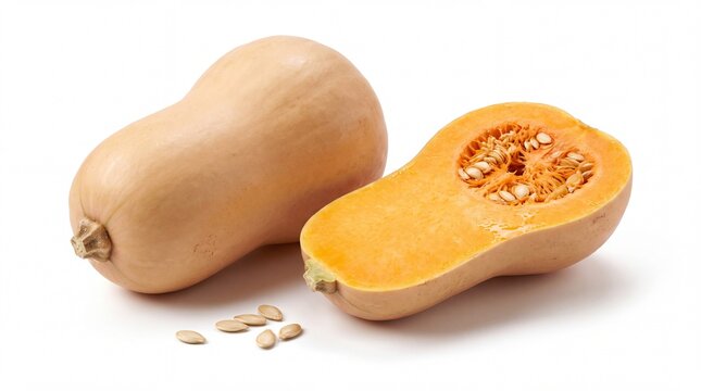 Fresh butternut squash with half cut section, organic orange winter squash with seeds, raw autumn vegetable for healthy cooking isolated PNG with Transparent Background