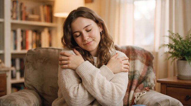 A young woman sits in a cozy armchair with her eyes closed, hugging herself in a quiet moment of self-love and calm.