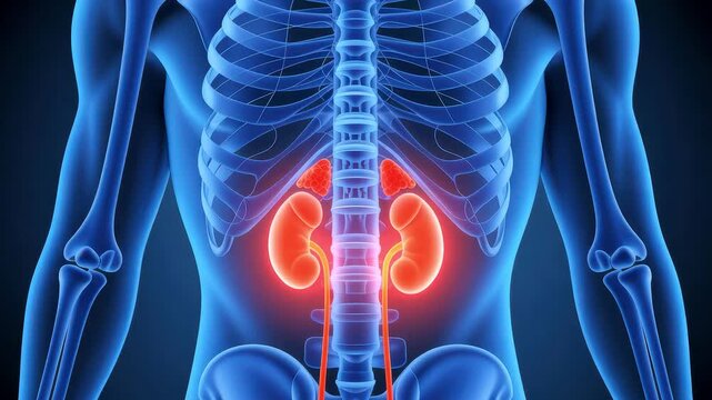 Human body anatomy 3 d rendering highlighting kidneys and urinary system with skeletal structure