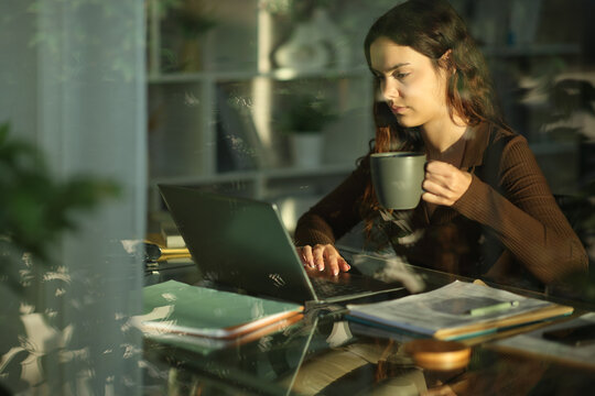Serious telecommuter working online and drinking at home