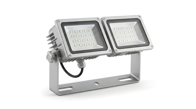 Double head LED floodlight outdoor industrial lighting fixture isolated on white background.