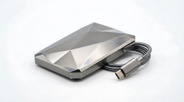 Modern external hard drive with USB C cable on white background.