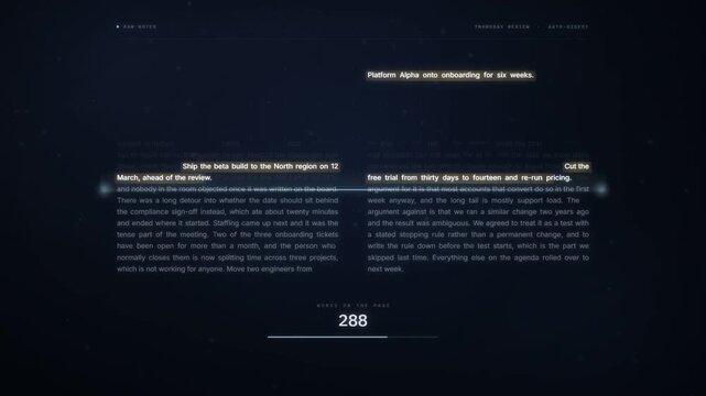AI text summarization interface condensing a long document into three key points with word counter