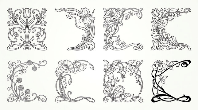 Set of eight hand drawn floral corner borders and decorative frame elements in black ink sketch style