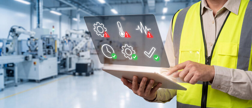 Engineer holding tablet with glowing predictive maintenance icons showing equipment condition monitoring, in smart factory with robotic arm. Concept of Industry 4.0, inspection and diagnostics.