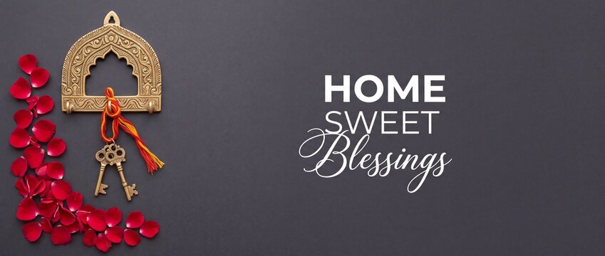 Brass Housewarming Keys Rose Petals Background for New Home Blessing Concept, Indian Griha Pravesh Ceremony Decor, Flat Lay Composition with Copy Space for Banner, Welcoming Traditional Decoration