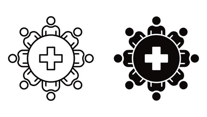 Fototapeta premium Medical Cross Healthcare Community Support Icon with People Circle Network and Health Symbol Vector Illustration
