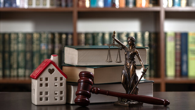 A judge's gavel and a symbolic house set against a backdrop of bookshelves.