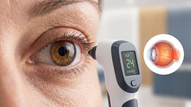Eye Pressure Measurement With Tonometer Showing Elevated Intraocular Pressure, Glaucoma Screening and Eye Health Concept