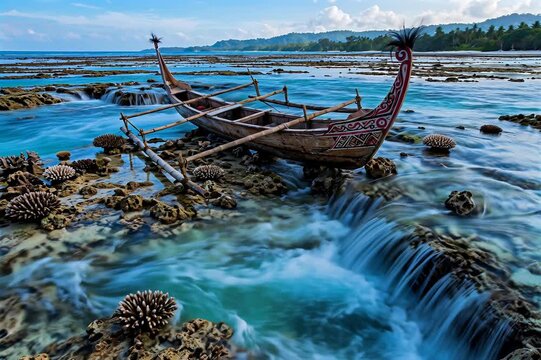 Traditional wooden outrigger canoe with tribal patterns resting on a rocky coral reef as ocean water rushes rapidly over the rocks in a tropical coastal landscape