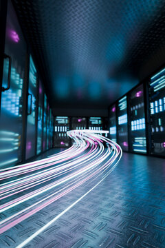 3D neon bandwidth trail through server room with futuristic perspective
