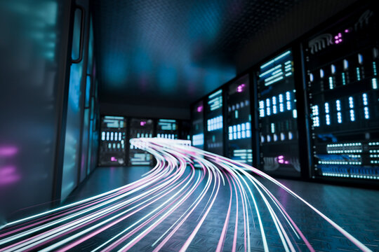 3D fiber data stream in dark server room network corridor