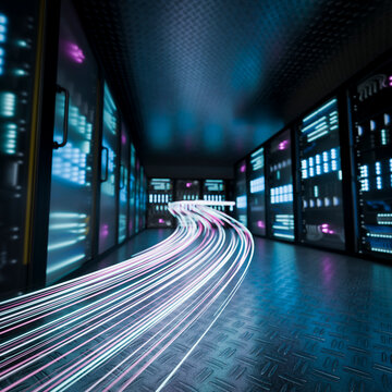 3D cloud computing route across server corridor with luminous data flow