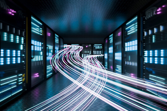 3D network traffic arc inside server room with glowing fiber path