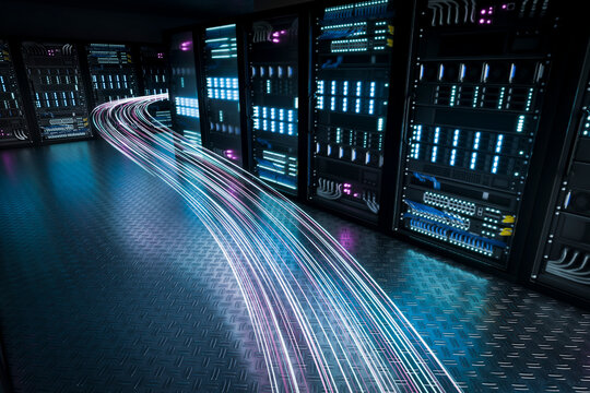 3D high speed data line beside illuminated server rack corridor