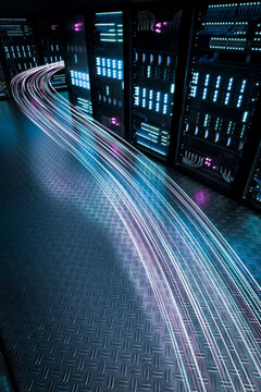 3D fiber optic stream over metal floor in server room