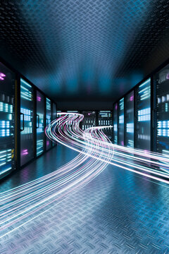 3D digital data curve through server corridor with blue technology glow