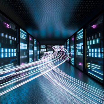 3D luminous network flow inside data center server corridor