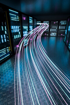 3D cyber data stream through server corridor with vertical composition