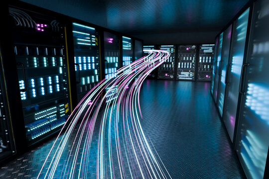 3D broadband data path across server room with dark infrastructure