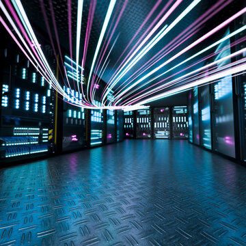 3D overhead fiber trail in server room with futuristic network motion