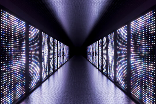 3D violet server corridor with symmetrical light wall perspective