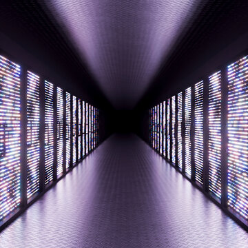 3D panoramic server tunnel with luminous rack wall and depth