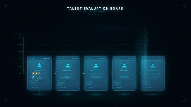 Talent evaluation board ranking candidate cards by star rating until the top scorer is selected