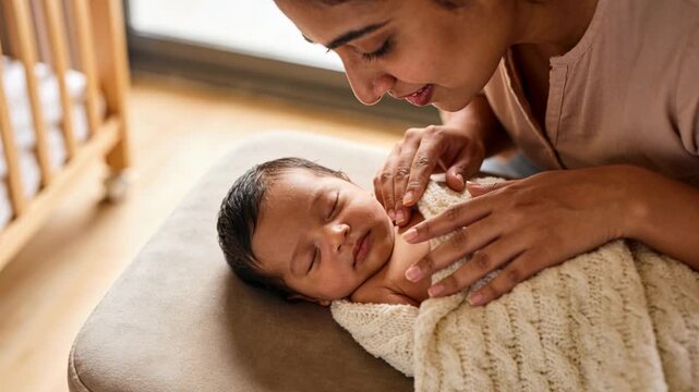 Noticing chill, mother in pink top reaching and tucking cream-knit blanket on newborn at nursery