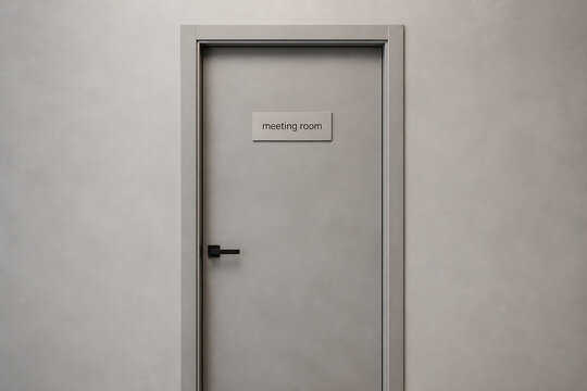 A plain gray door with a small sign reading meeting room is centered between two matching gray walls.