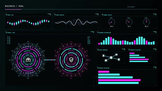  Futuristic sci-fi deep space telemetry HUD interface with radar, data charts, graphs, and digital control panels for tech and gaming projects.