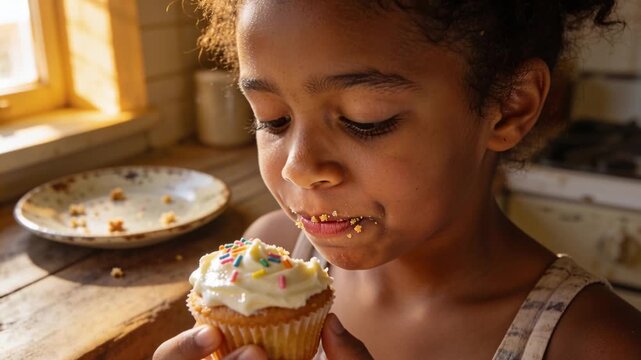 Lifting cupcake starting tank-top child eating for treat in kitchen window, crumbs on plate