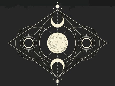 Mystical Celestial Sacred Geometry Illustration with Sun, Moon Phases, and Esoteric Symbols on Dark Background