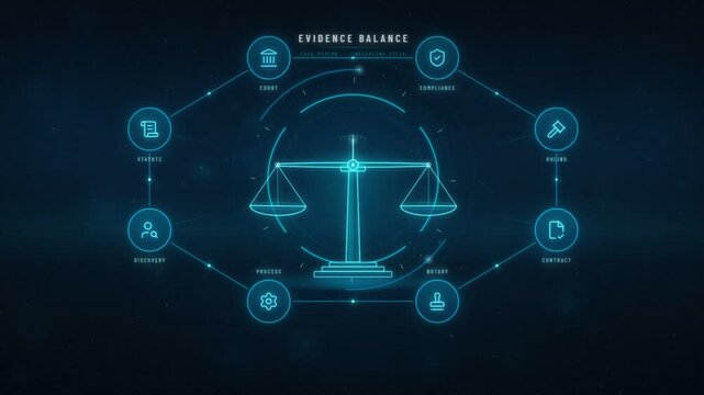 Scales of justice tipping and settling in balance inside a glowing legal icon ring animation