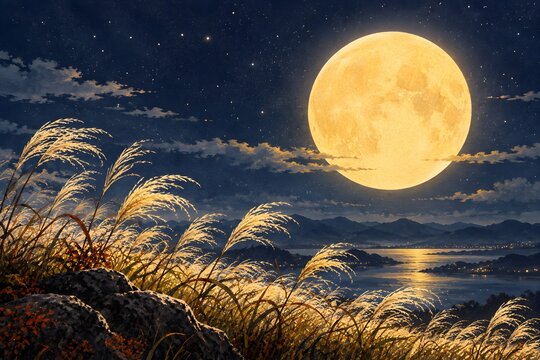 A silver field of silver grass under the moonlight