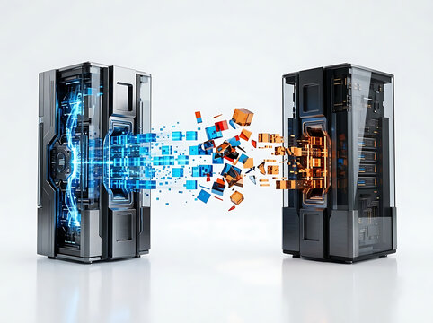 Data synchronization failure concept showing mismatched databases, delayed information updates, system integration problems and data consistency risks
