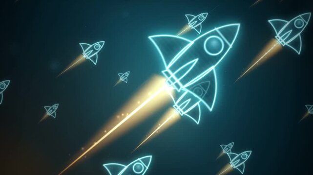 Neon rocket icons flying with glowing flame trails across a dark teal motion background