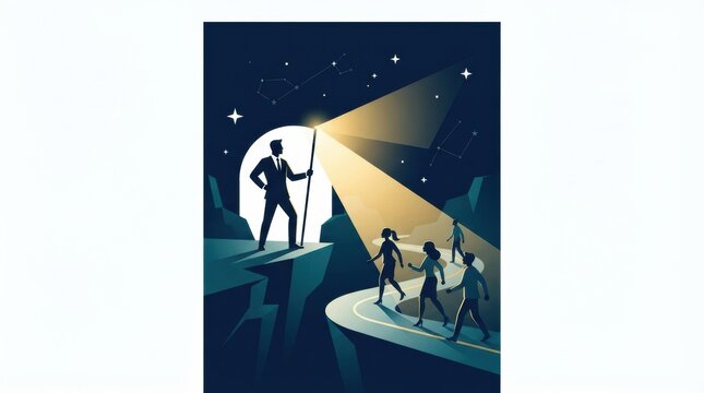 A business leader stands on a rock, directing team members along a winding path under a starlit sky toward corporate goals and achievements