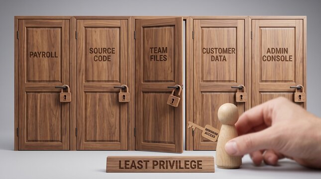 Hand placing a wooden figure with a key in front of miniature locked doors, representing the principle of least privilege concept in information security