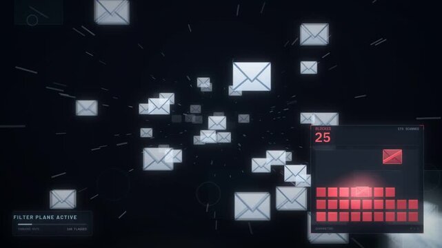 Spam filter blocking a flood of red junk mail envelopes with a live blocked message counter