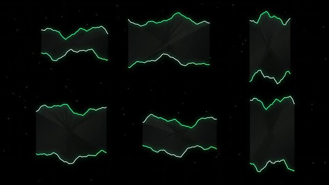 Set of abstract geometric shapes with glowing neon green wave borders