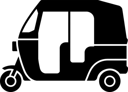 Black and white auto rickshaw or tuk-tuk vehicle silhouette icon isolated on white background, Vector, illustration