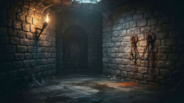A dark, gloomy stone dungeon interior with a flickering wall torch, heavy iron chains hanging on the brick wall, and a mysterious arched doorway