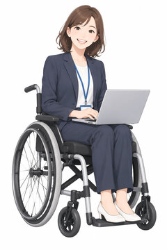 車椅子でノートパソコンを使って働く笑顔の若手女性会社員のイラスト