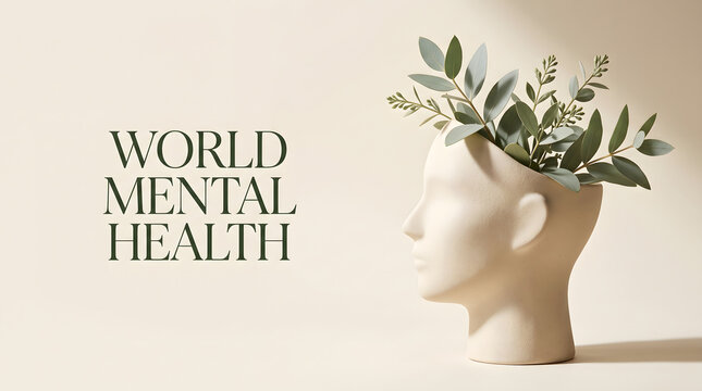 World mental health concept with head planter filled with green eucalyptus leaves