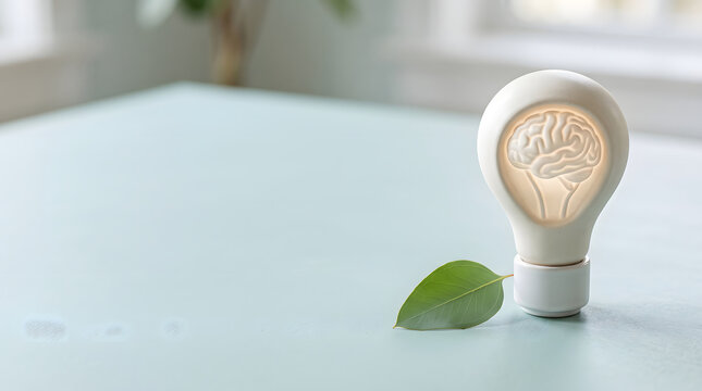 Light bulb with a brain inside and a green leaf on a light blue table