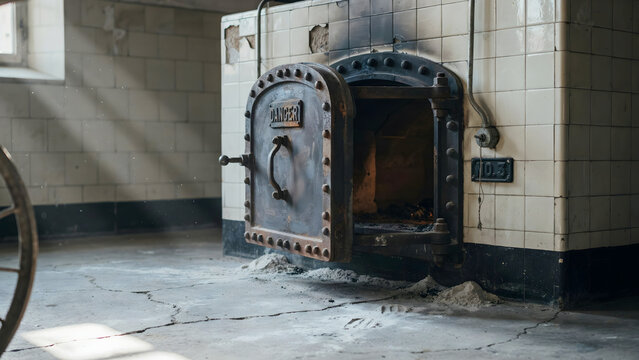 A heavy iron door of an industrial furnace with the word danger visible on it, situated in a room with white tiled walls and concrete floor