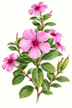 Catharanthus roseus watercolor botanical illustration
